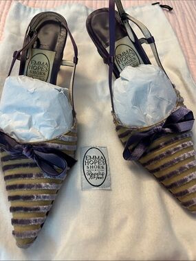 Emma Hope Striped Purple and Olive Bow Slingback Mules